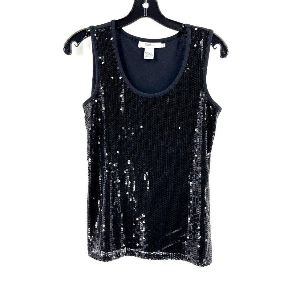 Theme Sexy Black Sequins Front Sleeveless Stretch Tank Top Shirt Size Small